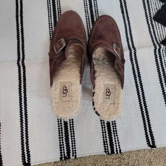 UGG Isabella Brown Suede Leather Shearling Buckle Clog Block Heels, sz 7 - Picture 4 of 10